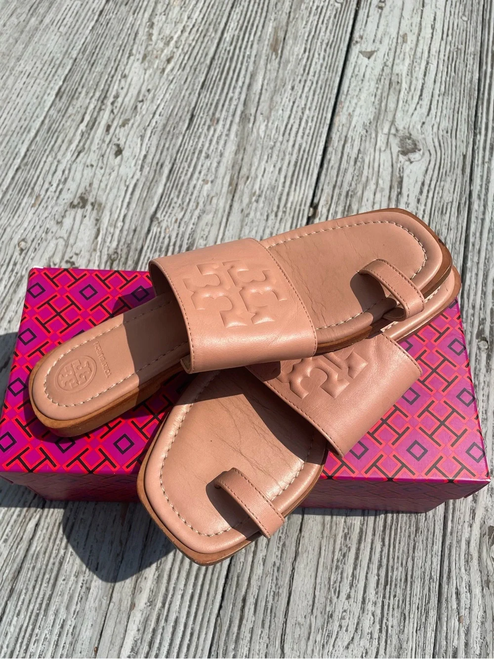 Tory Burch Peach Leather Toe-Loop Slide Sandals